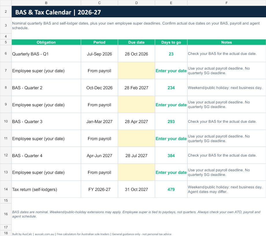 BAS and Tax Calendar sheet with due dates and live days-to-go countdowns